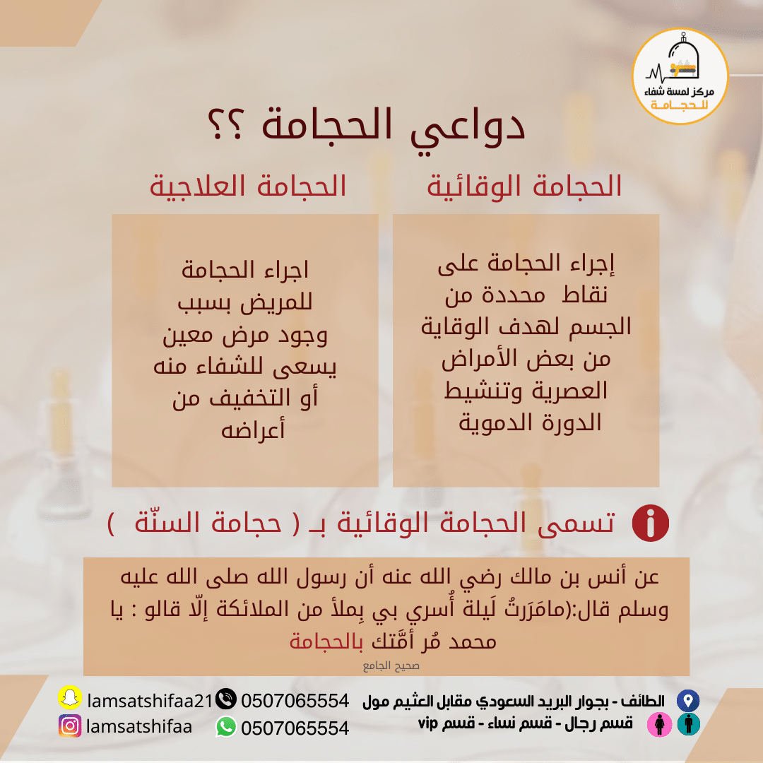 مركز لمسة شفاء للحجامة - الطائف حي جبرة - معتمد من الطب البديل - خصوصية تامة